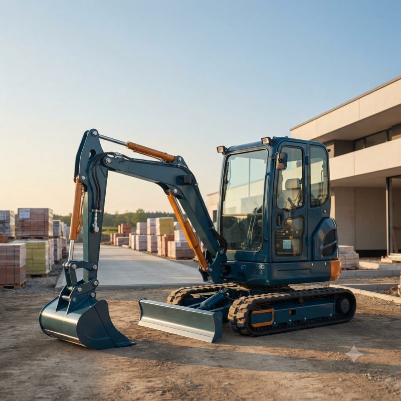 Mini-pelle compacte sur chantier de terrassement
