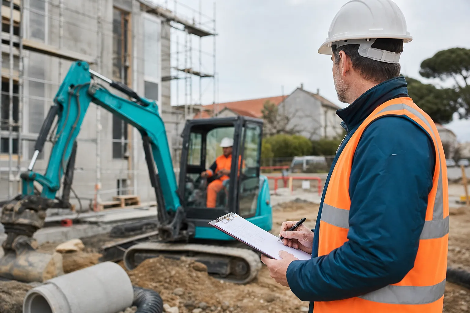 Mini-pelle en intervention sur un chantier sécurisé