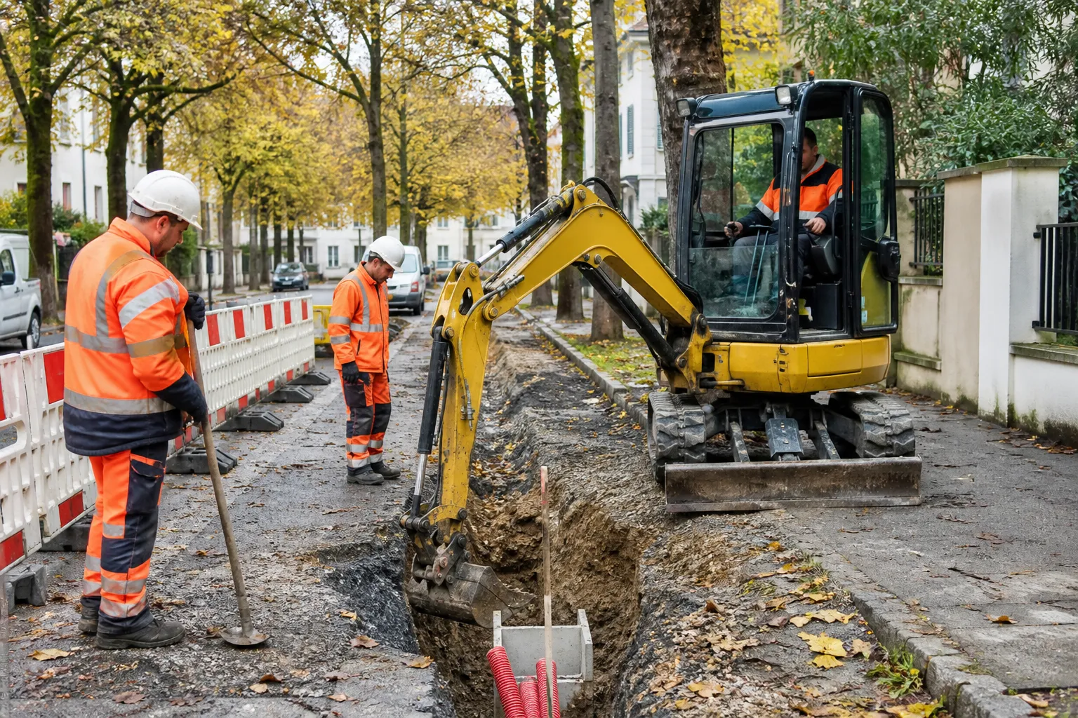 Mini-pelle préparant une tranchée VRD en Île-de-France