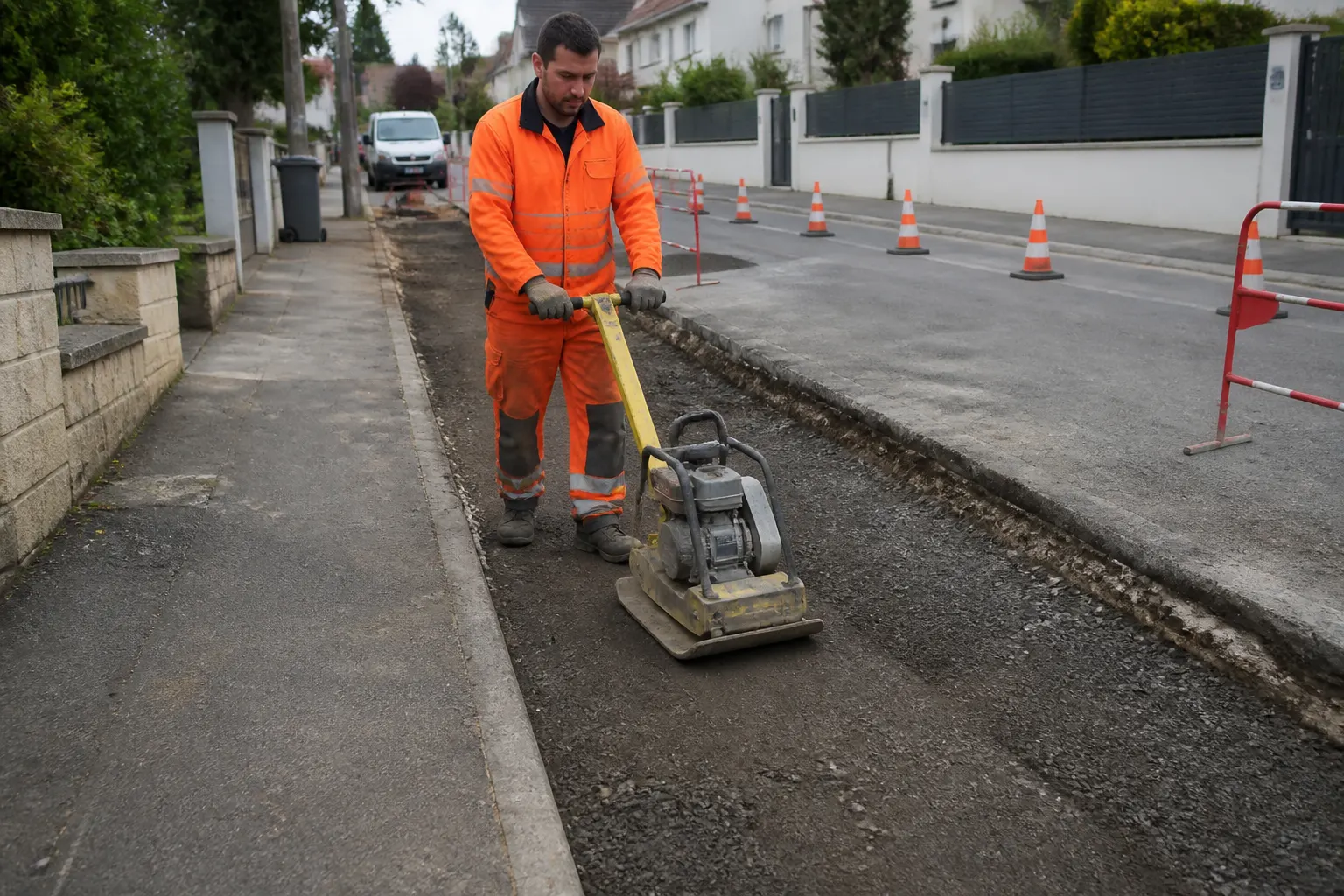 Compactage d’une tranchée à la plaque vibrante après remblai
