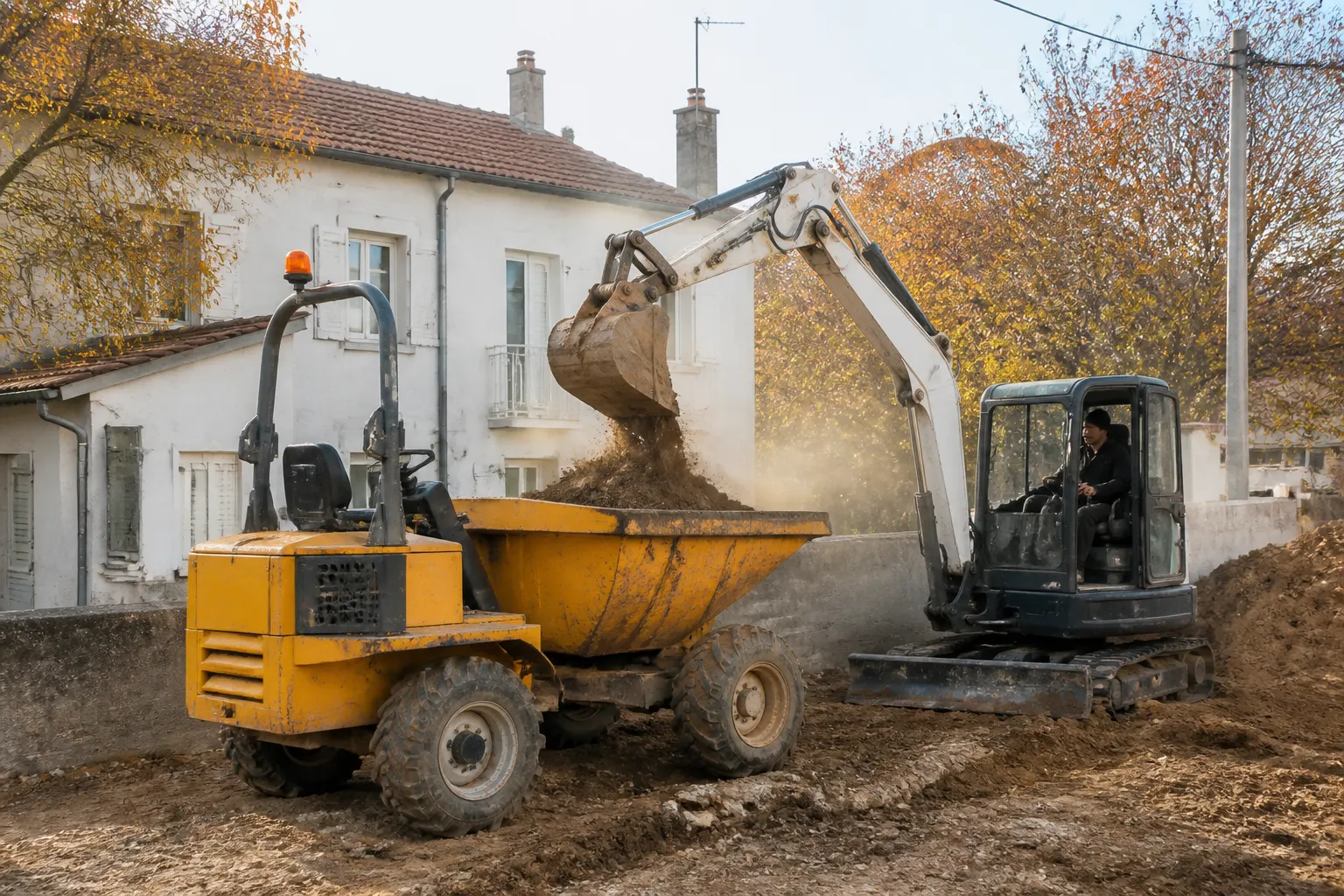 Dumper chargeant des déblais derrière une mini-pelle