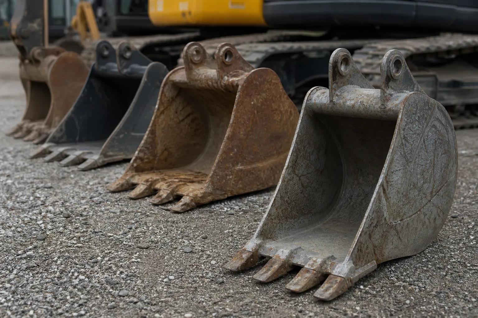 Godets de mini-pelle alignés sur un chantier