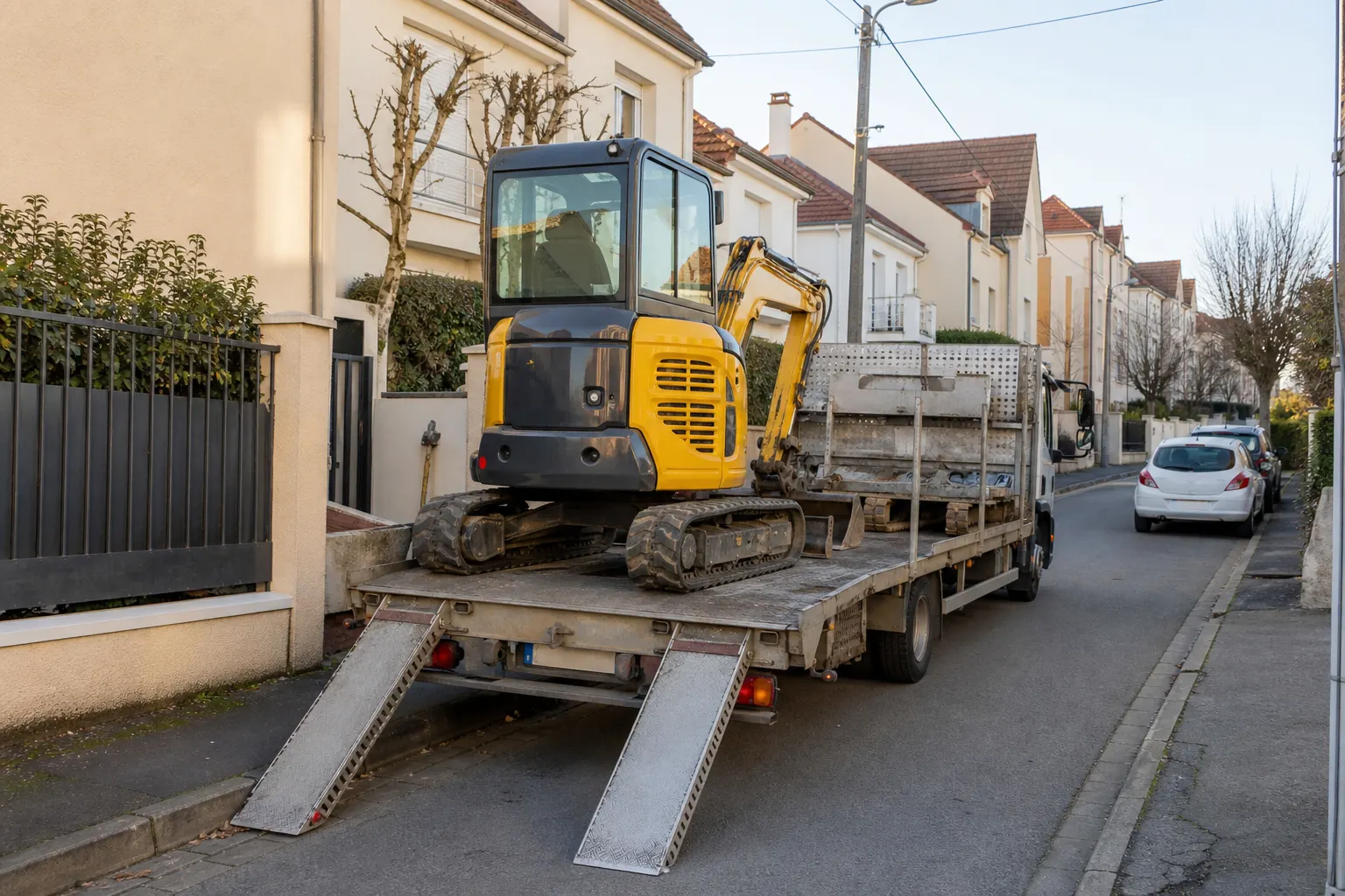 Porteur livrant une mini-pelle dans une rue résidentielle dense