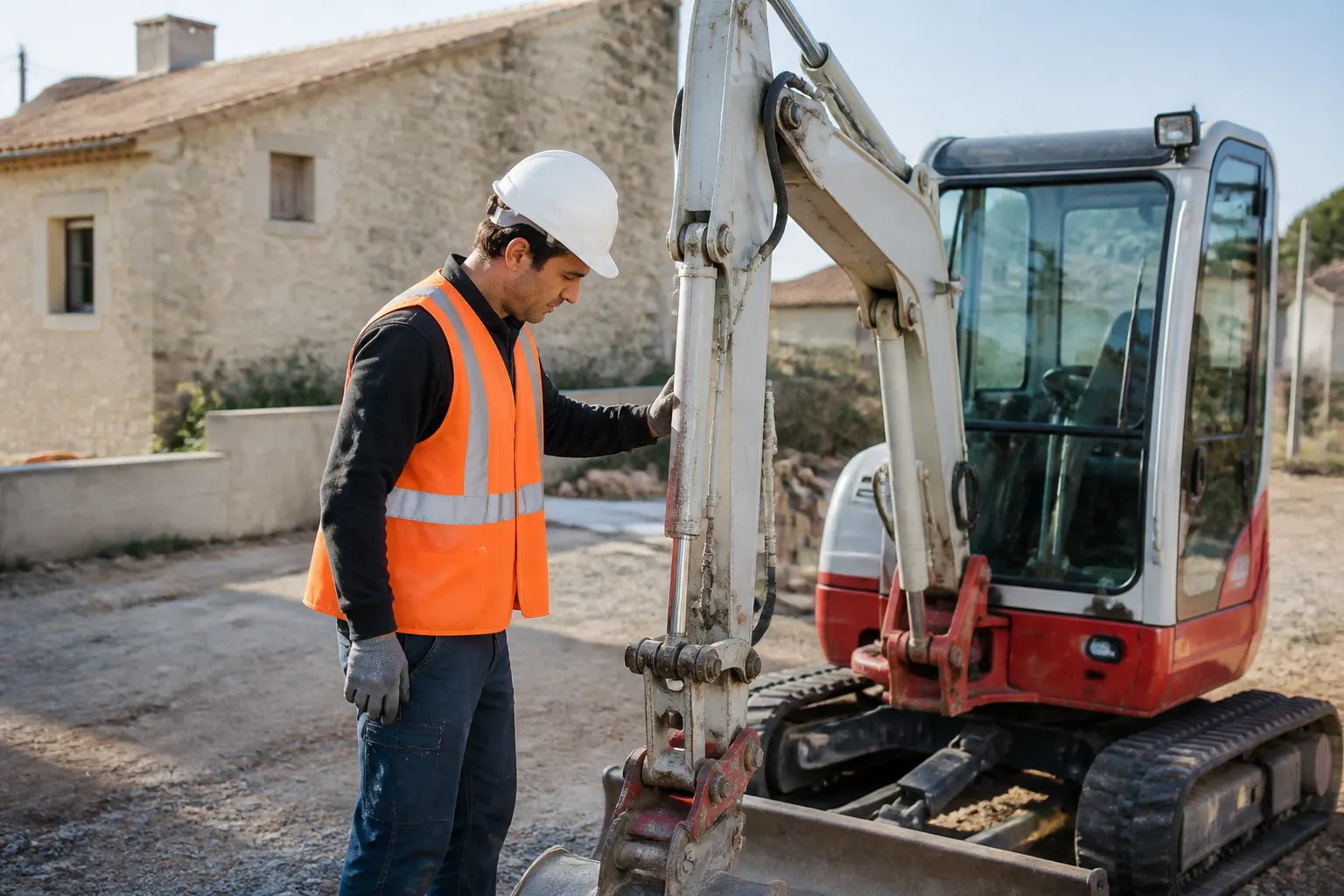 Opérateur préparant une mini-pelle avant prise de poste sur chantier
