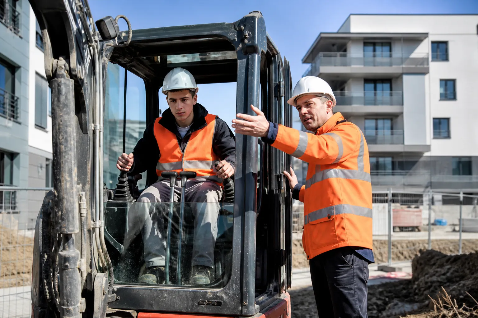 Conducteur manœuvrant une pelle sur un chantier urbain