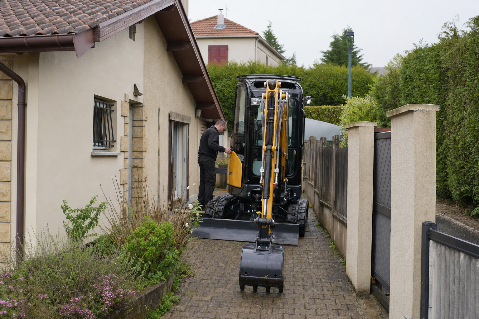 Mini-pelle 3 t déchargée dans une allée pavillonnaire — livraison Trappes